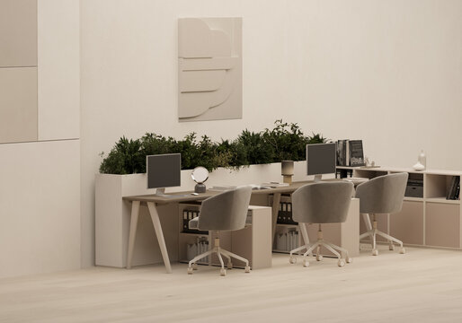 Contemporary office workspace with everyday objects and collaborative desk setup