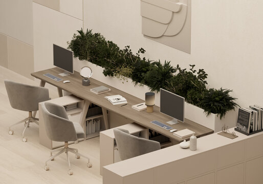 Contemporary office workspace with everyday objects and collaborative desk setup