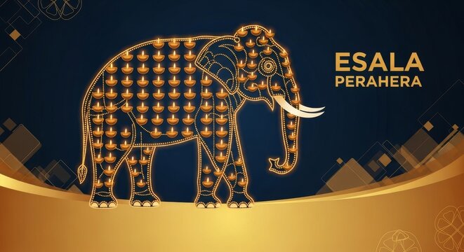 Illuminated elephant outline with diyas on dark background, Esala Perahera festival.