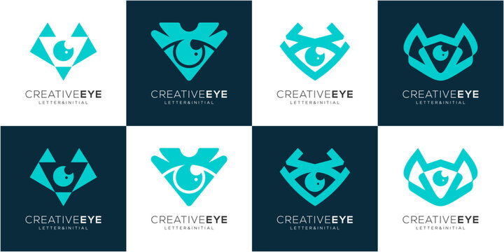 Collections of letter V with eye and lens logo design idea. Creative vision for branding and identity vector icon symbols.