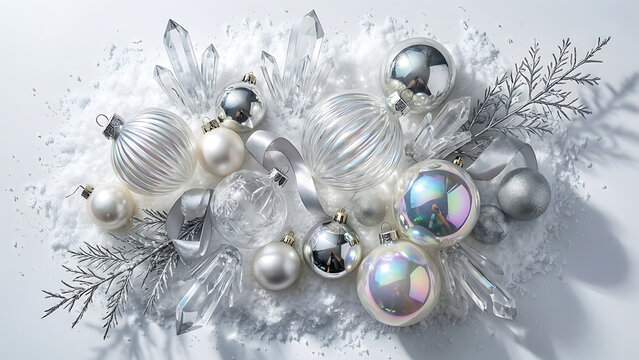 D&eacute;corations &eacute;l&eacute;gantes de No&euml;l avec cristaux et branches argent&eacute;es sur surface enneig&eacute;e