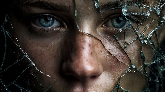 Mental health concept with shattered self-image and emotional trauma, symbolizing psychological fragmentation, anxiety, depression, vulnerability, healing, and inner resilience