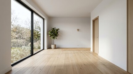 Fototapeta premium scandinavian minimalist living room with large windows and natural light