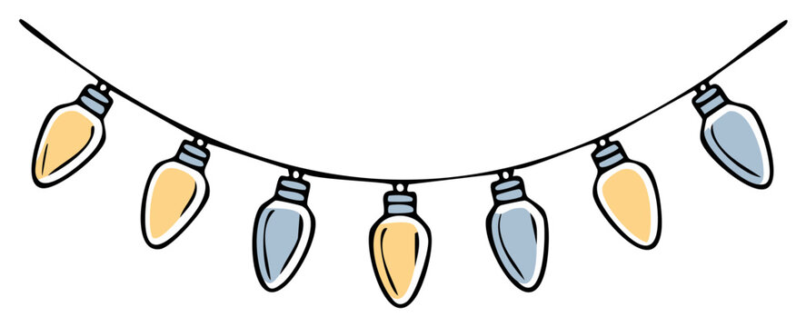Whimsical Illustration of Festive String Lights with Alternating Blue and Yellow Bulbs on Black Cord