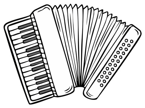 Simple black and white line art illustration of a classic piano accordion musical instrument