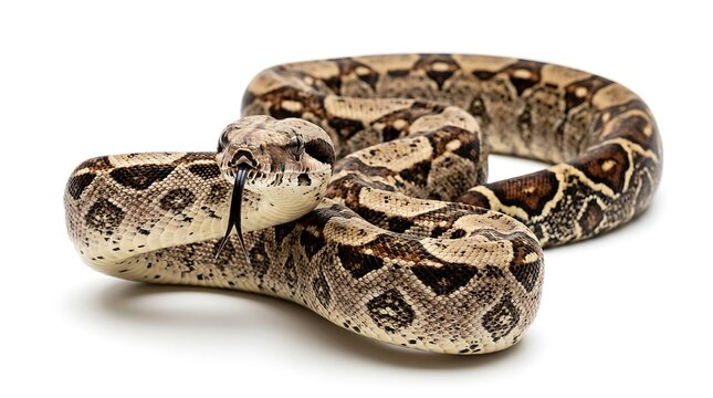 A close up of a patterned Boa constrictor snake isolated on white background.