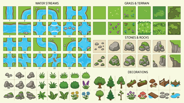 Isometric game map tileset, 2D top-down environment assets for level design, cartoon water streams and grass terrain vector collection