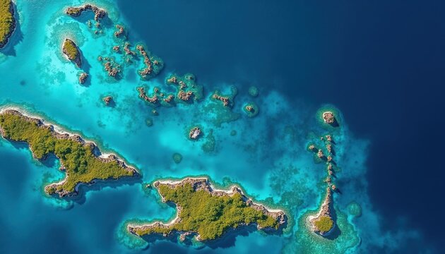 Aerial drone view of lush green islands dotting clear turquoise water. Rocky outcrops and shallow reefs visible beneath ocean surface. Tropical paradise archipelago.