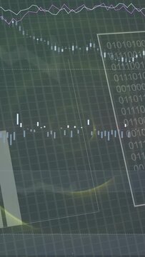Vertical video: On feed dashboard animating charts rolling digits sliding binary panel for analysis