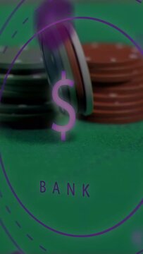 Vertical video: Purple orb hitting chip stack, tipping chips revealing white chip, BANK for finance
