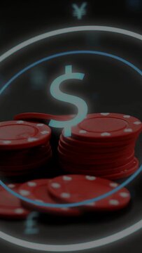 Vertical video: Gambling chips shifting, falling chip tumbling from left, causing pulsing $ sign