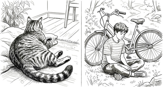 Hand drawn lifestyle illustration set featuring resting tabby cat and boy sitting beside bicycle in outdoor nature scene