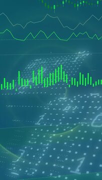 Vertical video: Lens showing globe, panel raising bars and drawing trend lines showing markets