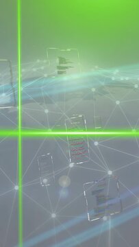 Vertical video: Green scan line entering, panels rotating and brightening, revealing network links