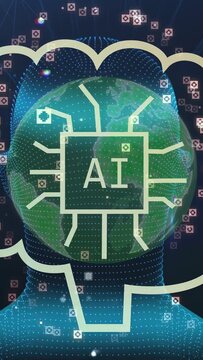 Vertical video: Central node activating moving globe on dotted head making AI chip showing AI cloud