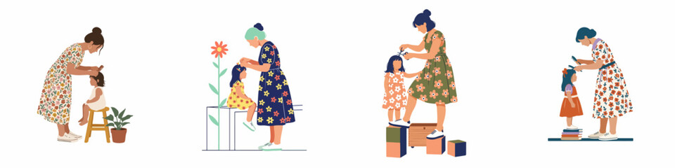 Flat vector illustration set of mothers and daughters during hair care routines, including brushing, braiding, and cutting hair.