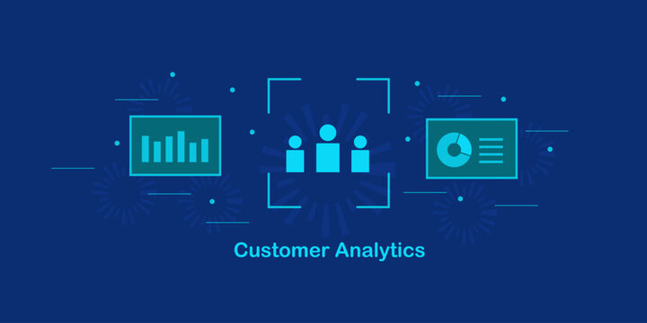 Customer analytics on futuristic virtual marketing dashboard tool with data graph and chart.