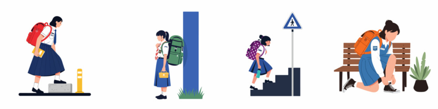 Flat illustration set of Indonesian middle school girls in blue and white uniforms, showcasing daily student life activities like walking, waiting, and tying shoes.