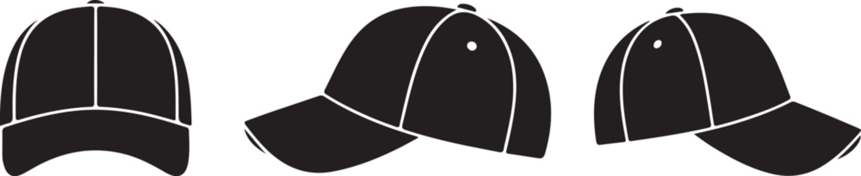 Three black baseball caps with white stitching