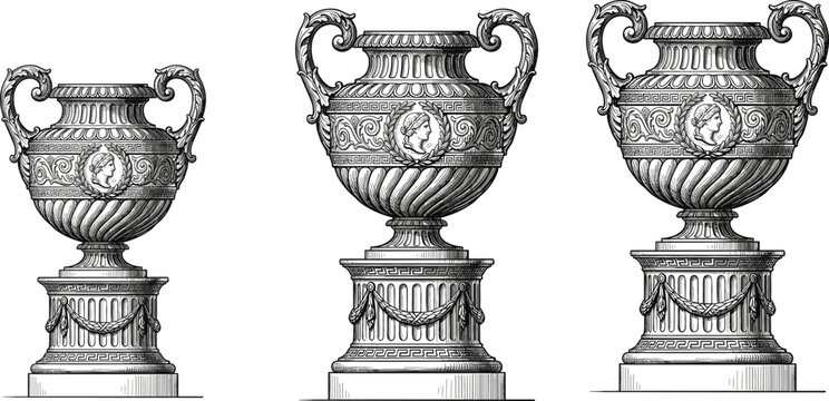 Antique ornamental vase engraving collection with classical decorative urns detailed monochrome vector illustration artwork set