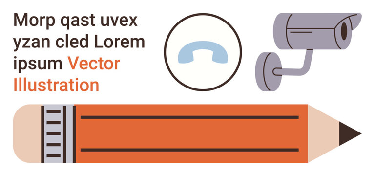 Education, security, communication, design, surveillance, creativity. A security camera, pencil and phone icon. Security and communication are highlighted in a minimalist style