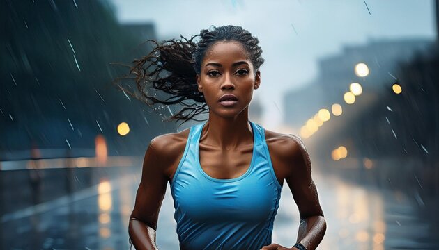 A brunette woman runner wearing a blue top running on a rainy day