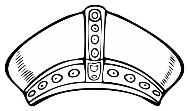 Simple black and white line art illustration of a traditional ceremonial bishop mitre hat for religious occasions