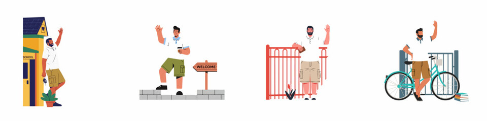 Set of illustrations featuring a friendly man waving in various outdoor scenarios like school, near a welcome sign, and with a bicycle. © Muqodimatul