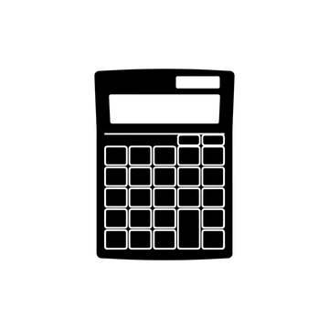 Simple black silhouette icon of a basic electronic calculator with a display and multiple buttons for mathematical operations.
