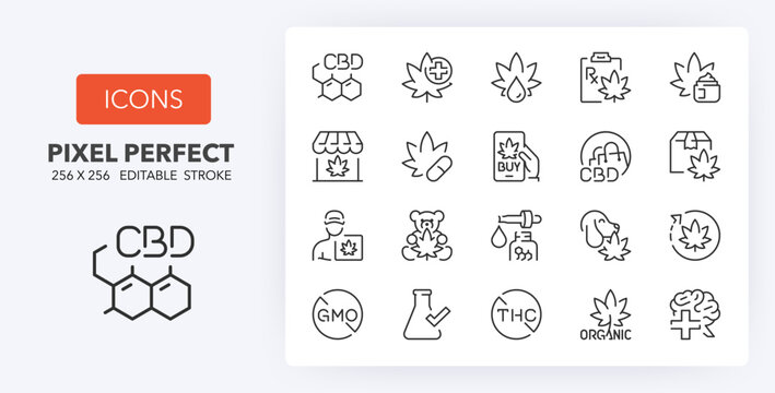 Line icons about cannabidiol. Contains such icons as CBD molecular symbol, treatments, medical benefits and more. Editable vector stroke. 256 Pixel Perfect scalable to 128px...