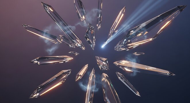 Shattered glass shards exploding in dark background with smoke and light