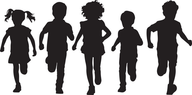 Five kids running together silhouette style