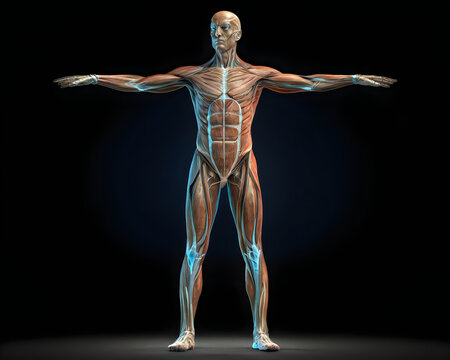 Anatomical model of human musculature in a poised stance