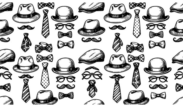 Father&rsquo;s Day gentleman seamless pattern with hat glasses tie and mustache hand drawn vector background