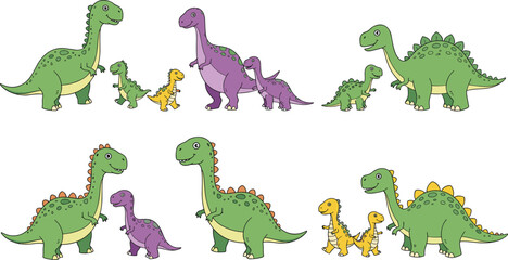 Cartoon Dinosaur Family Vector Set with Brontosaurus, Brachiosaurus, and Baby Dinosaurs for Kids' Education, Wildlife, and Fun Illustrations © MdMojnu