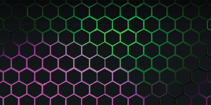 Abstract dark hexagon grid background with neon magenta and vibrant green light glow. Modern futuristic honeycomb pattern for gaming, creative tech, and digital art professional backdrop design