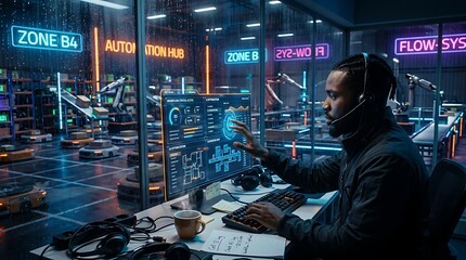 Obraz premium Ai engineer monitoring workflow in automation hub with neon screens