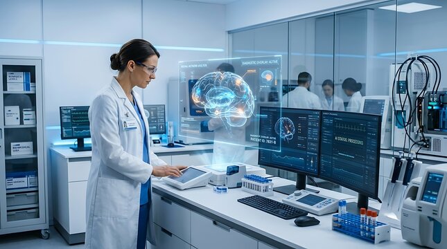 Female scientist analyzing ai assisted diagnostic hologram in modern laboratory with futuristic equipment and technology