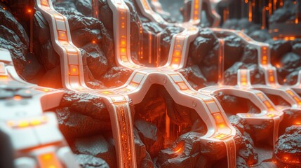 Fototapeta premium Futuristic city inside cavern. Glowing orange lines illuminate rocky structures. Complex design suggests advanced technology, dark background.