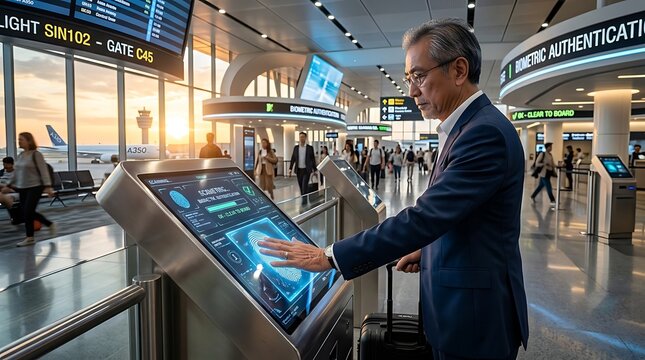 Businessman using biometric cybersecurity authentication at airport gate during travel