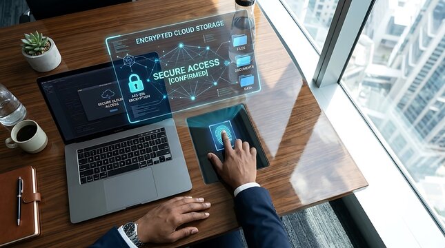 Businessman using fingerprint authentication on laptop for secure access to encrypted data system in modern office