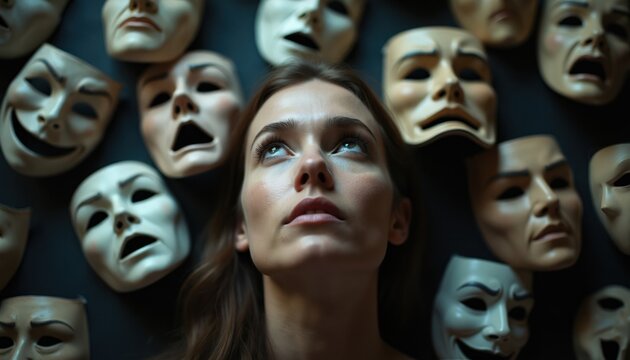 Young woman looks up surrounded by theatre masks showing diverse emotions. Faces express joy, anger, sorrow, fear, confusion. Person contemplates identity and inner self.