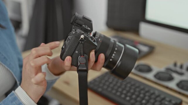 Woman adjusts camera dial with fingers while holding a mirrorless lens near keyboard and monitor in studio; focus creativity craft.