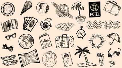 travel themed sketch collection with globes suitcases and beach elements on a beige background © Chapala