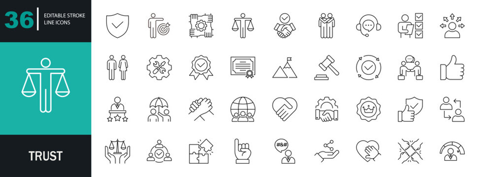 Trust icon set. Containing confidence, credibility, promise, trustworthiness, friends, truth, faith, sincerity, and honesty. Editable line icons. Vector illustration.