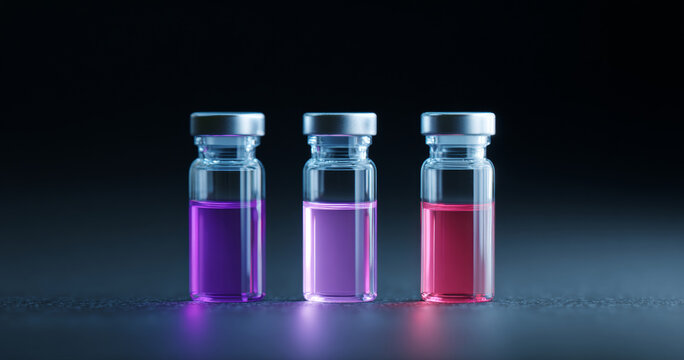 Three glass vials with colored liquids
