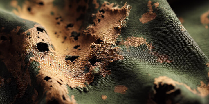 distressed jungle flecktarn camouflage pattern on old worn canvas fabric with tears holes and oil stains background