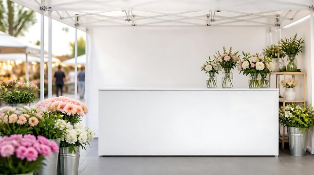 Elegant flower shop display with white counter and beautiful floral arrangements.