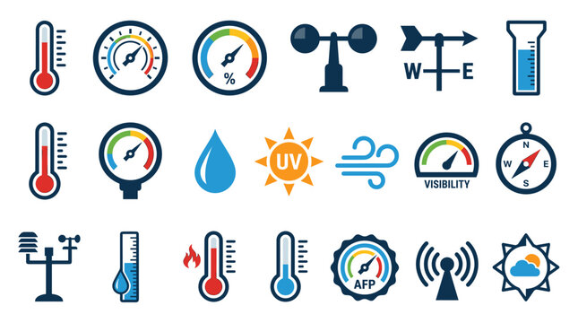 Colorful meteorology equipment icon set with thermometers, gauges, wind vane, anemometer, compass, UV, visibility, rain and weather station symbols