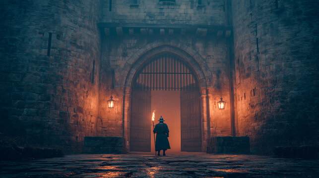 medieval guard with a burning torch standing at the heavy iron bound castle gates at night